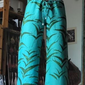 Ramona La Rue By Arianne 100% Crepe Teal Green Leaf Print Flowy Pants - S